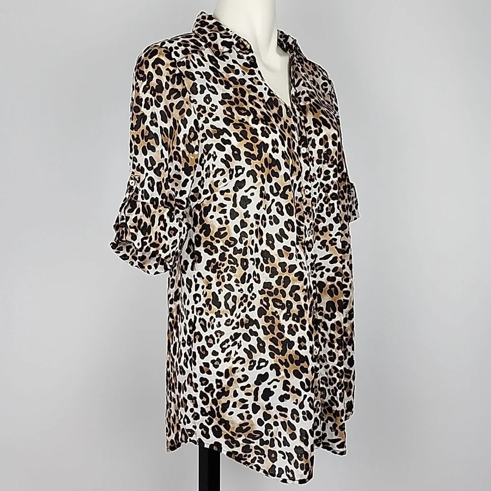 DEX Fresh Women's Cotton Long Shirt Top Leopard Print Roll Up Sleeves Size M - Picture 3 of 15